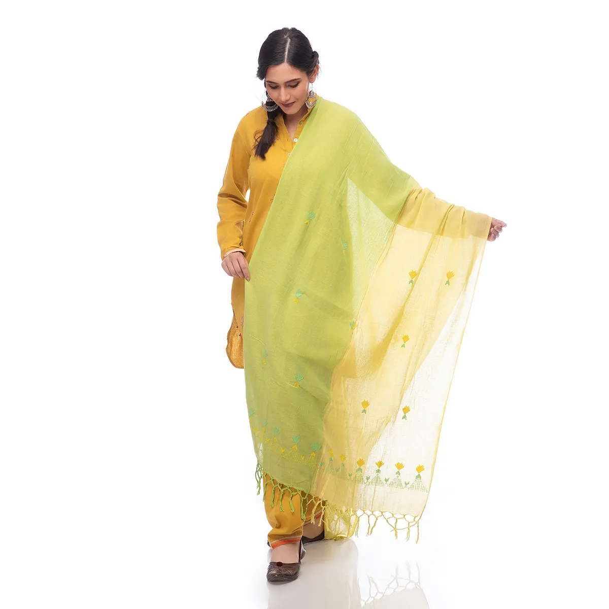 Hand Embroidery Dupatta light Olive Green