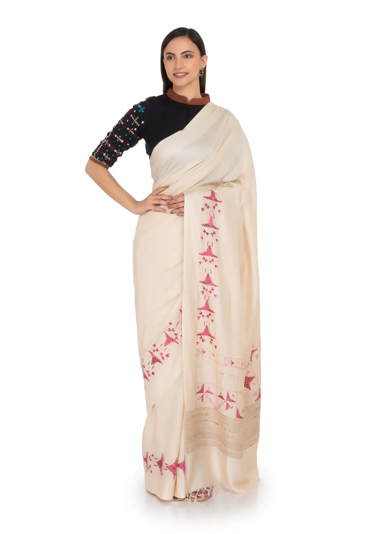Beige Muga Silk Saree with Embroidery