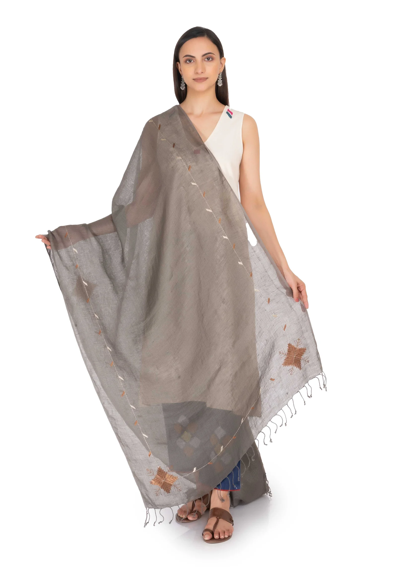 Hand Embroidered Dupatta Gray