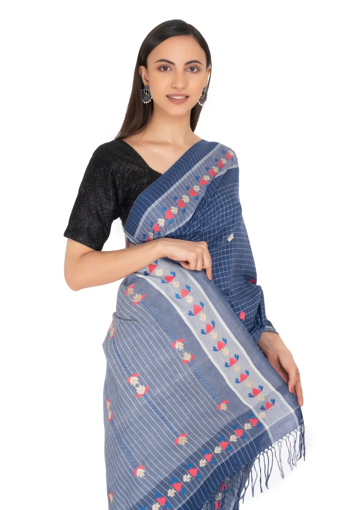 Handloom Cotton  Saree Metallic Blue