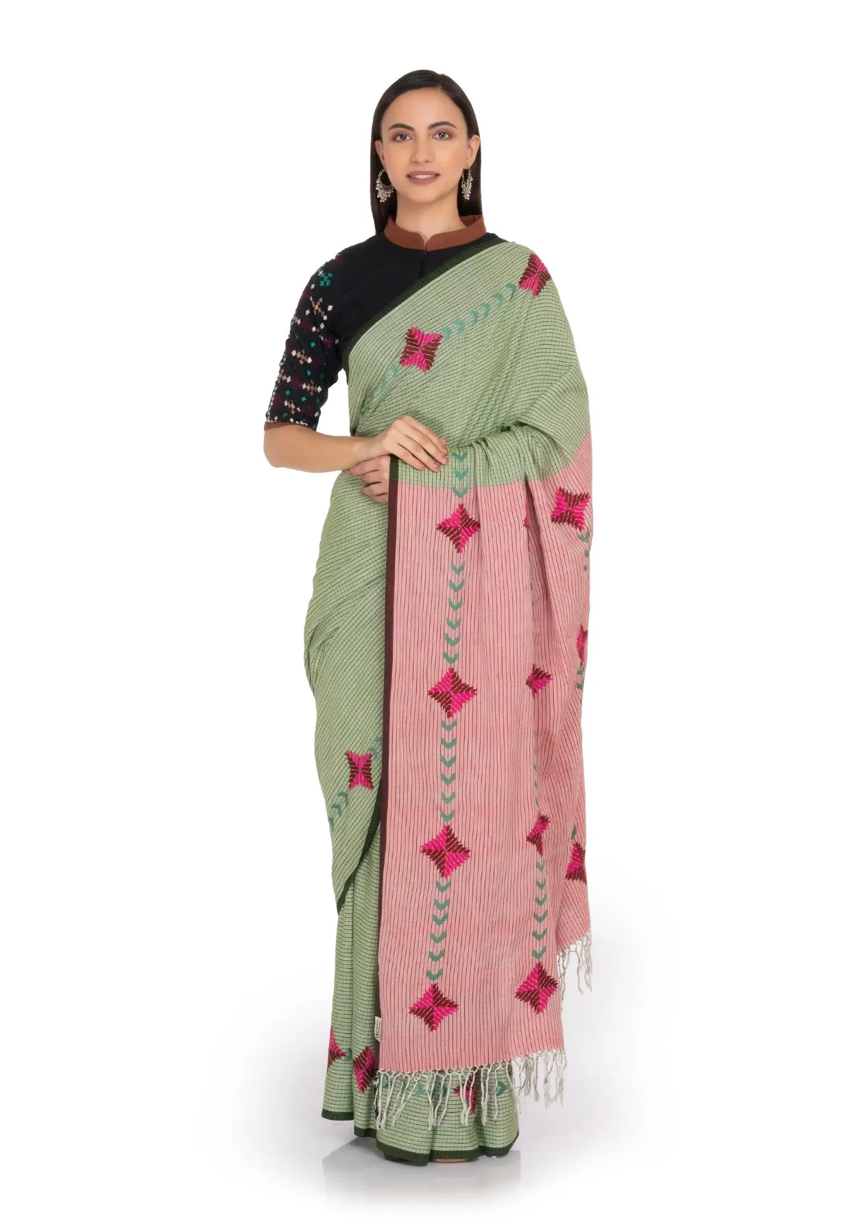Handloom Cotton  Saree with Pink and Green Motif Works