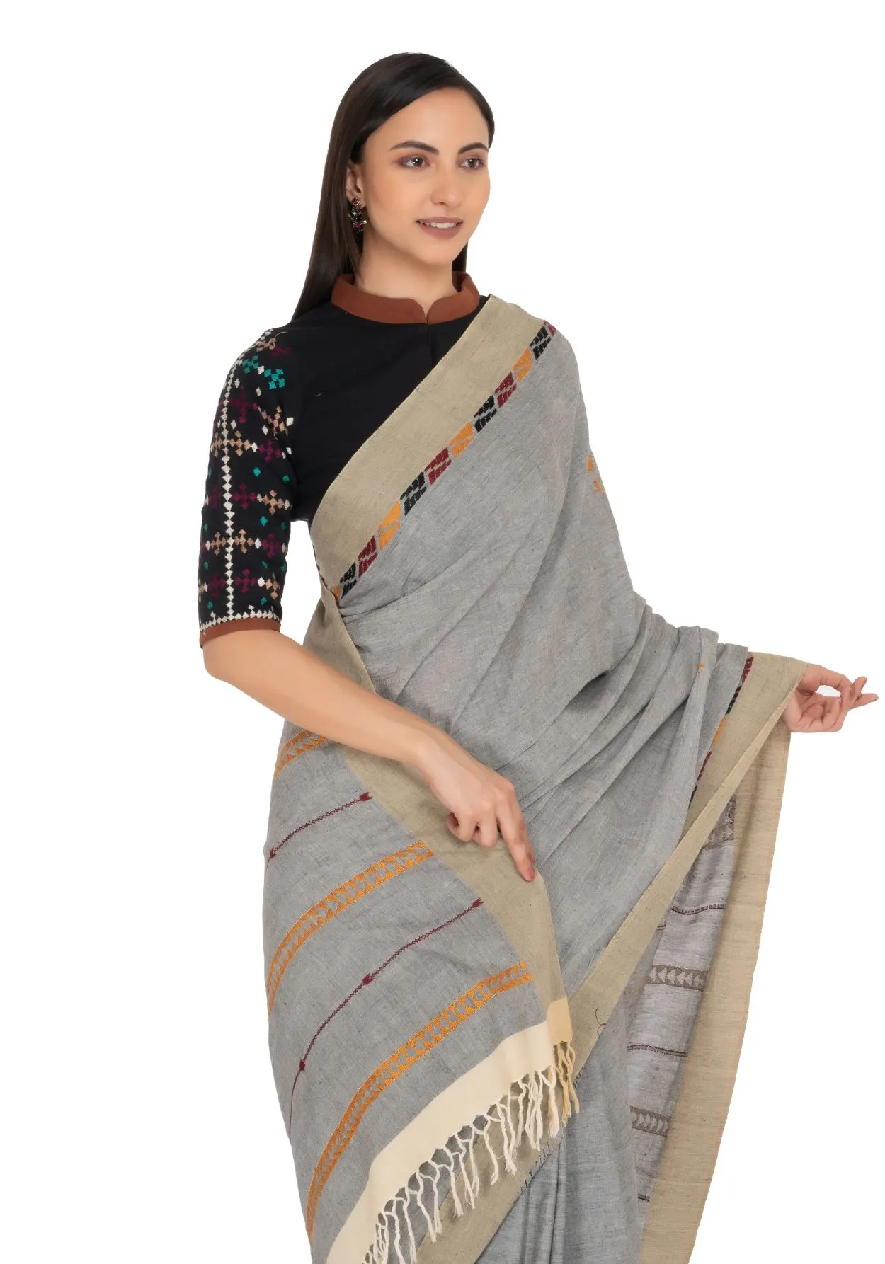Light Grey Hand Embroidered Saree
