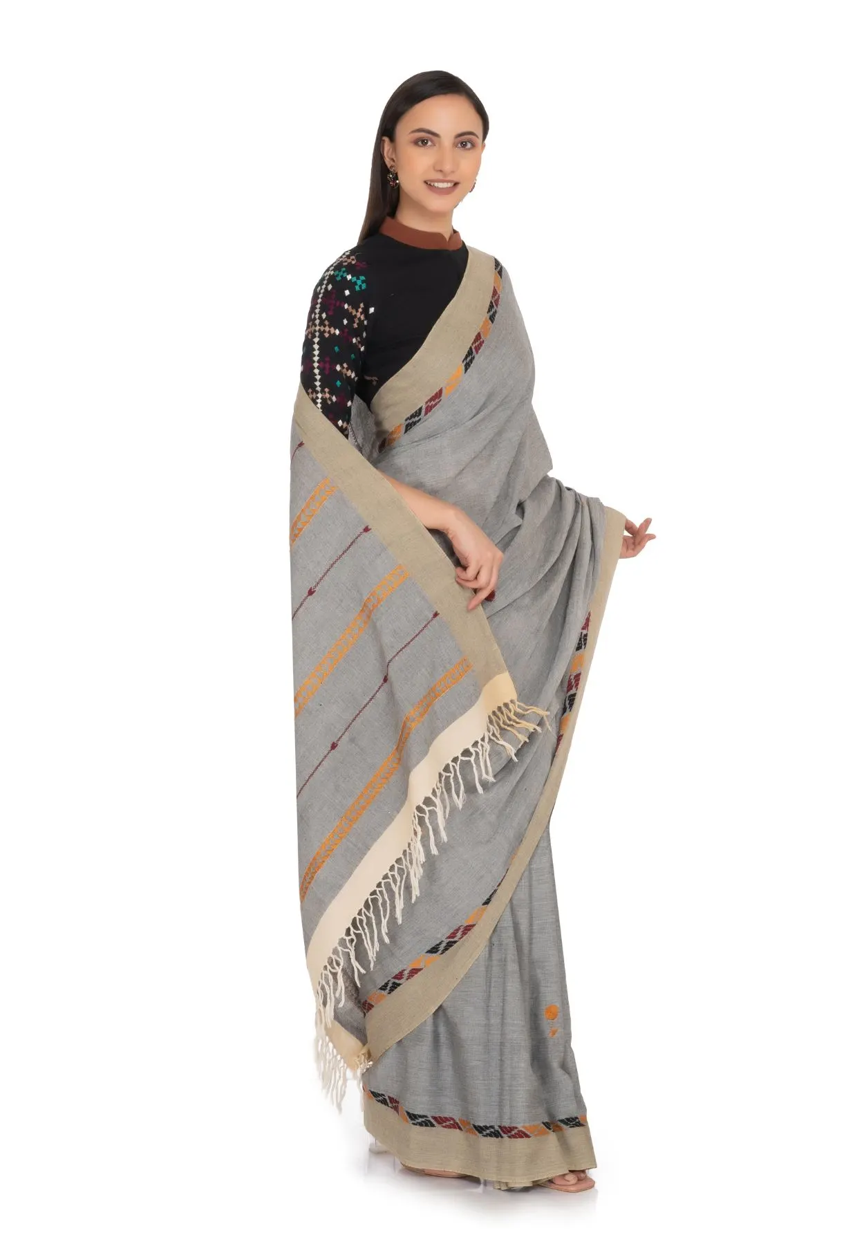 Light Grey Hand Embroidered Saree