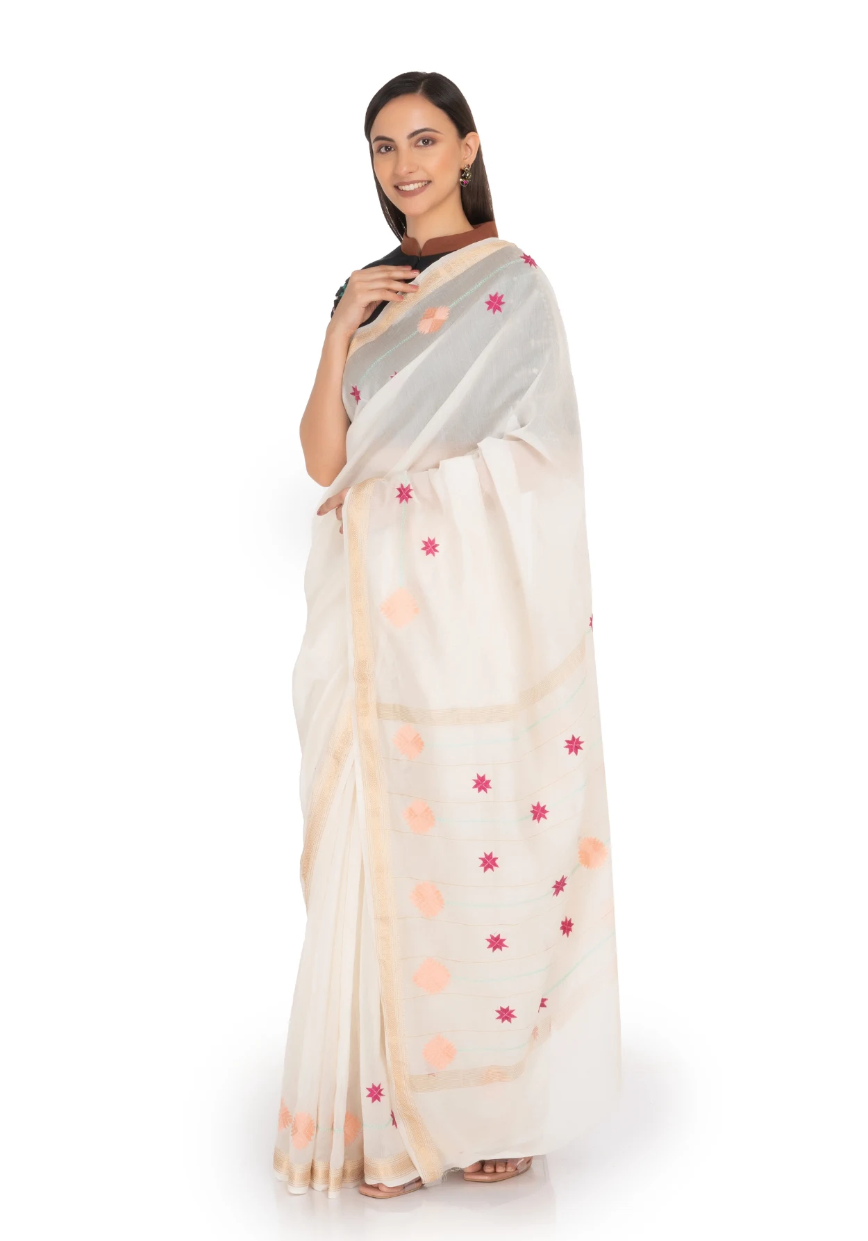 Maheshwari White Saree with Red and Orangemotif Works