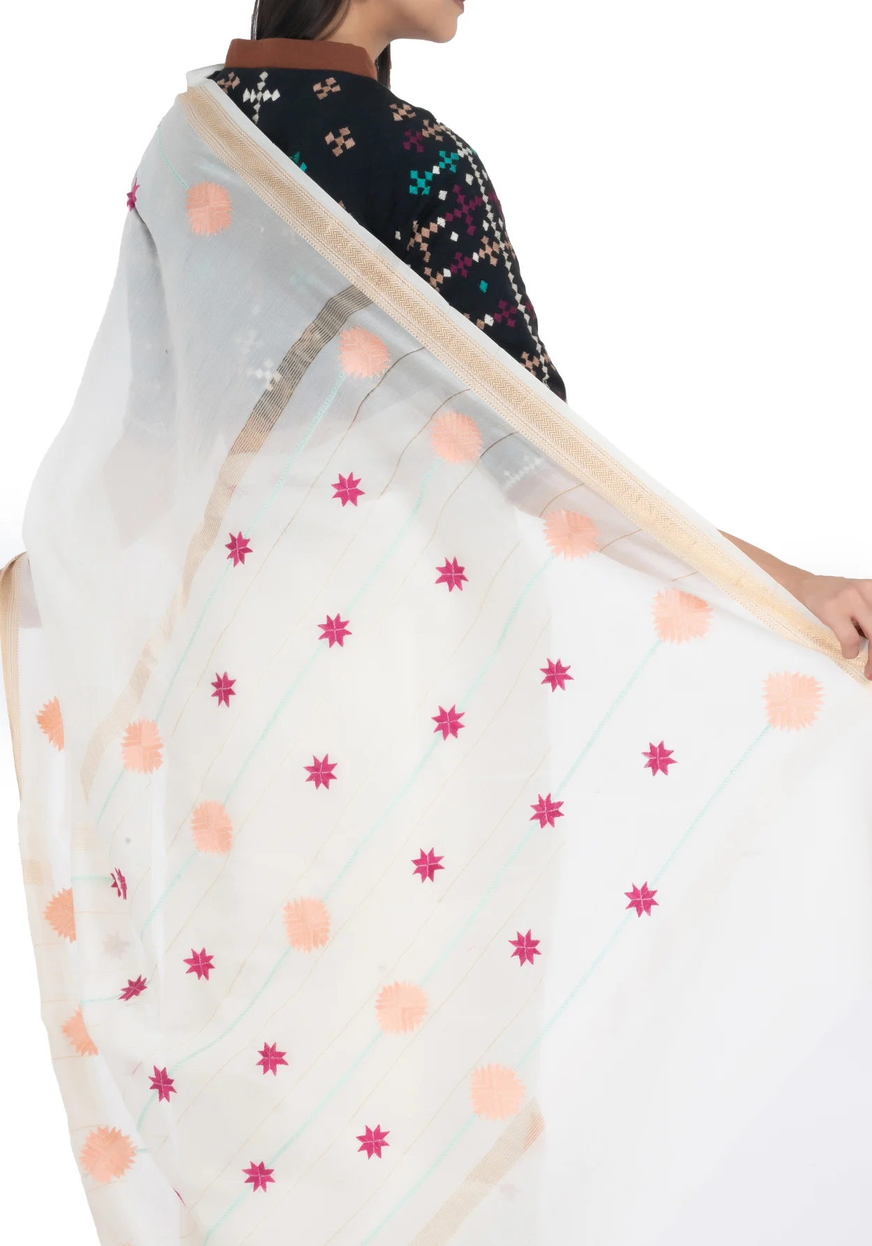 Maheshwari White Saree with Red and Orangemotif Works
