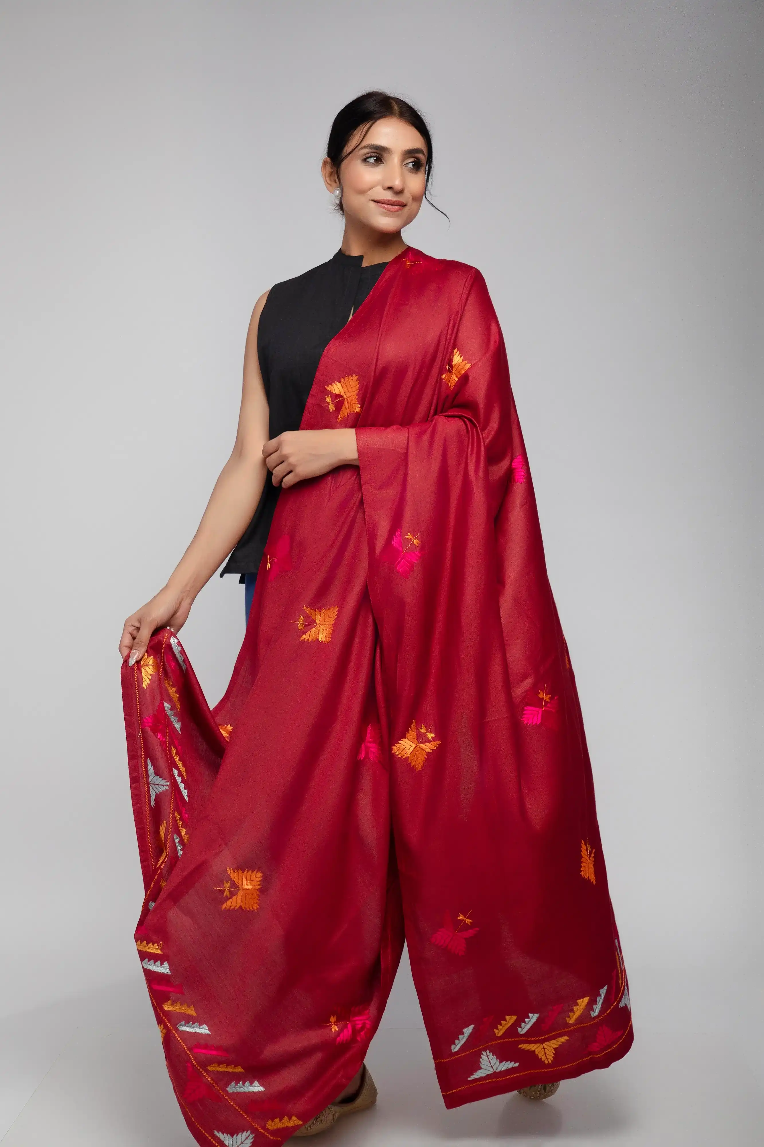 Hand Embroidered Dupatta Maroon