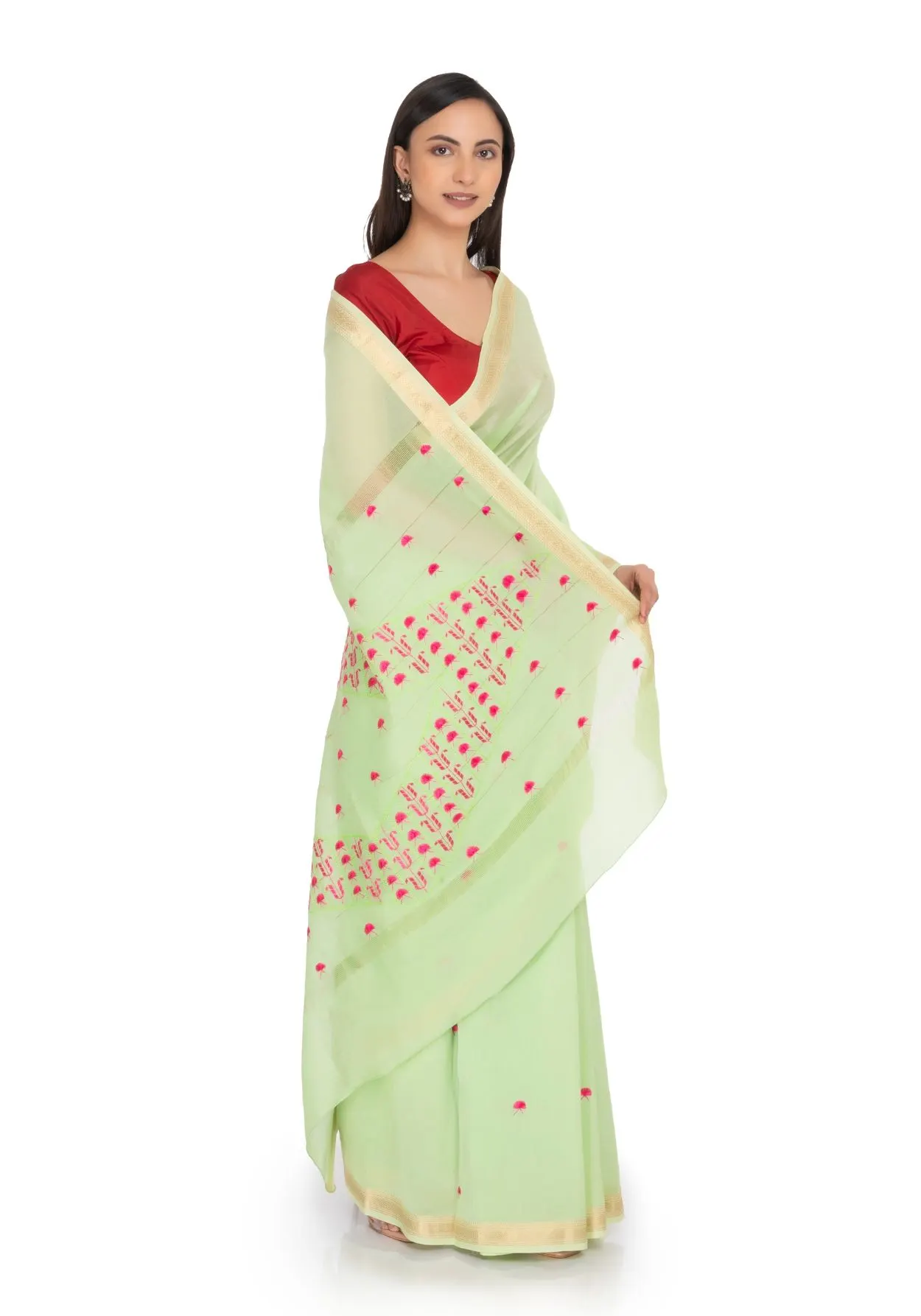 Hand Embroidered Saree Green Light sage