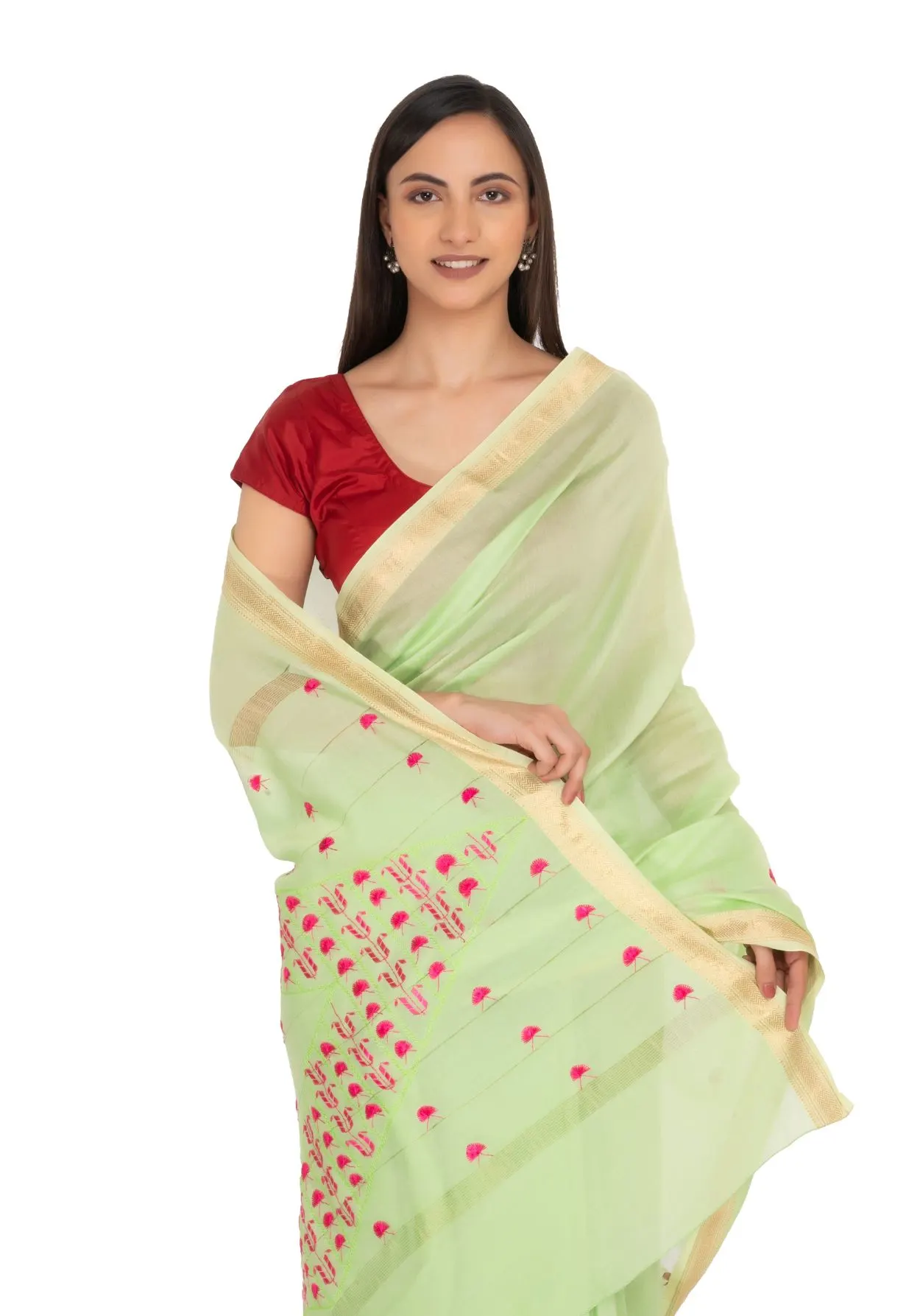 Hand Embroidered Saree Green Light sage