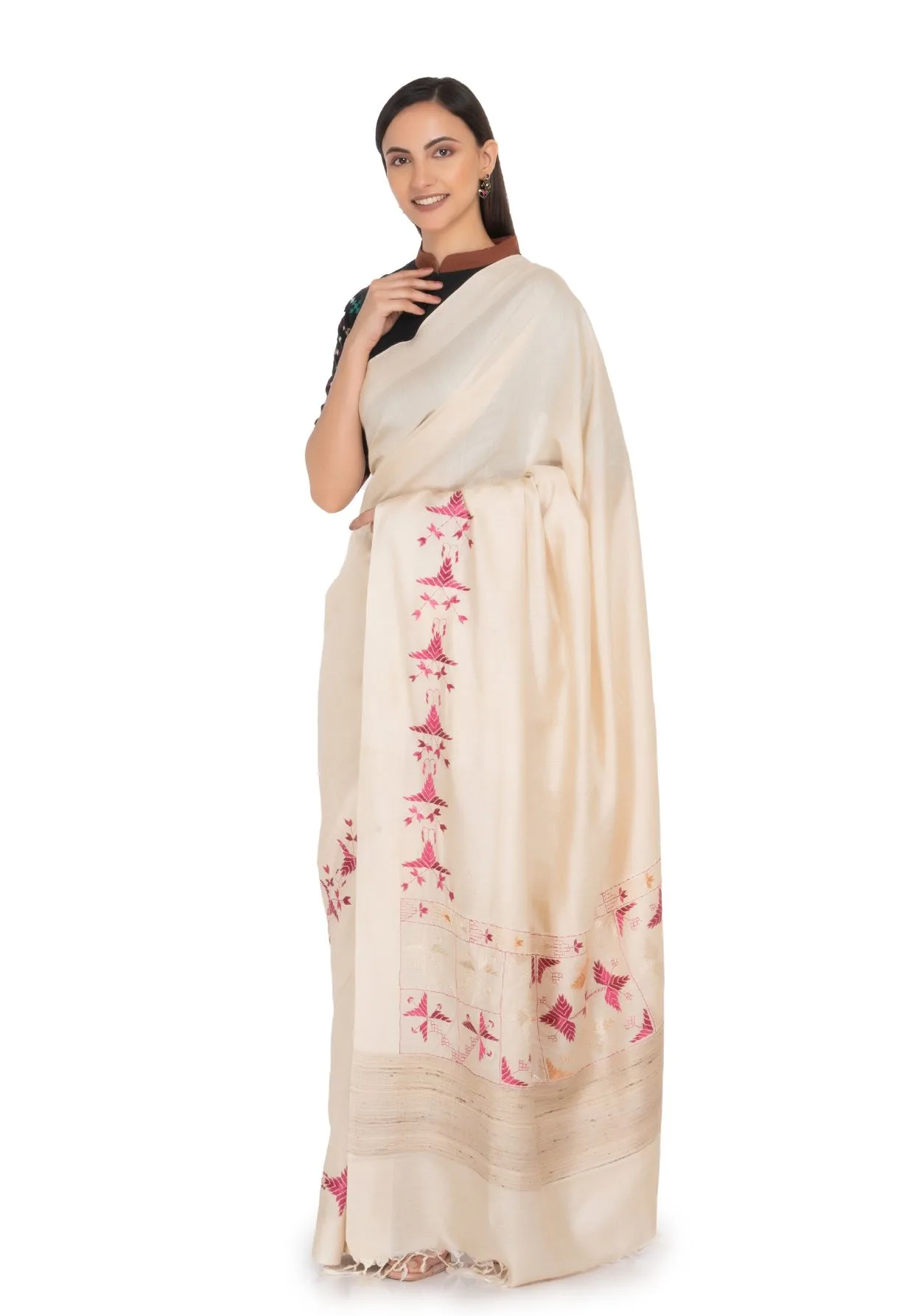 Beige Muga Silk Saree with Embroidery