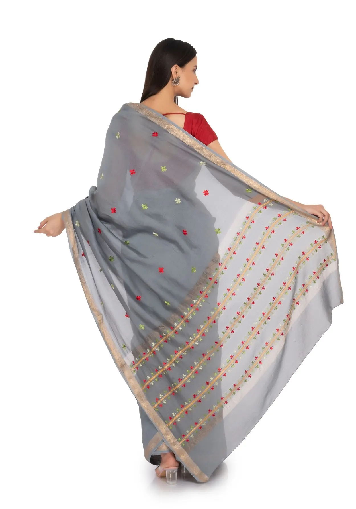 Grey Hand Embroidered Saree