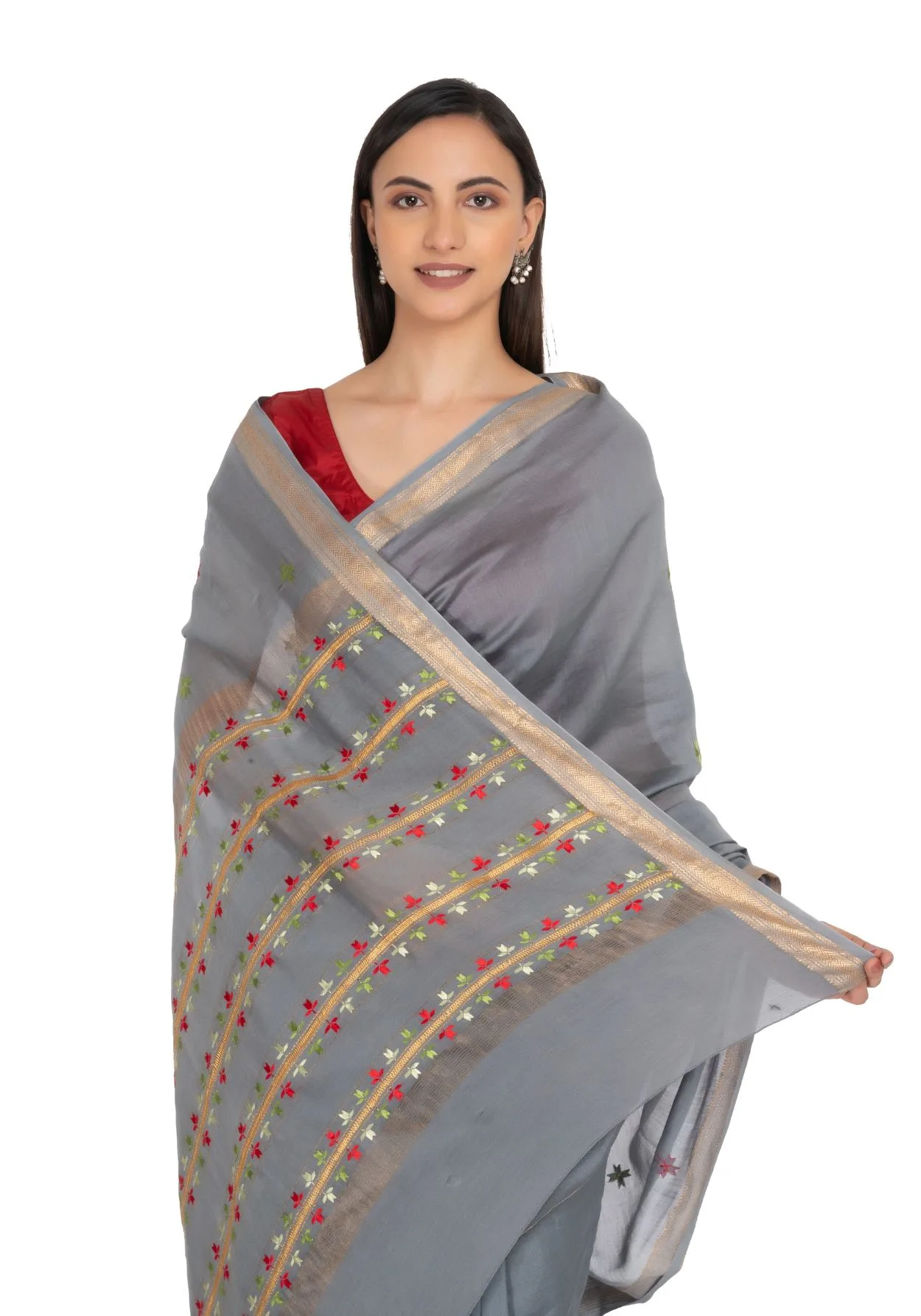Grey Hand Embroidered Saree